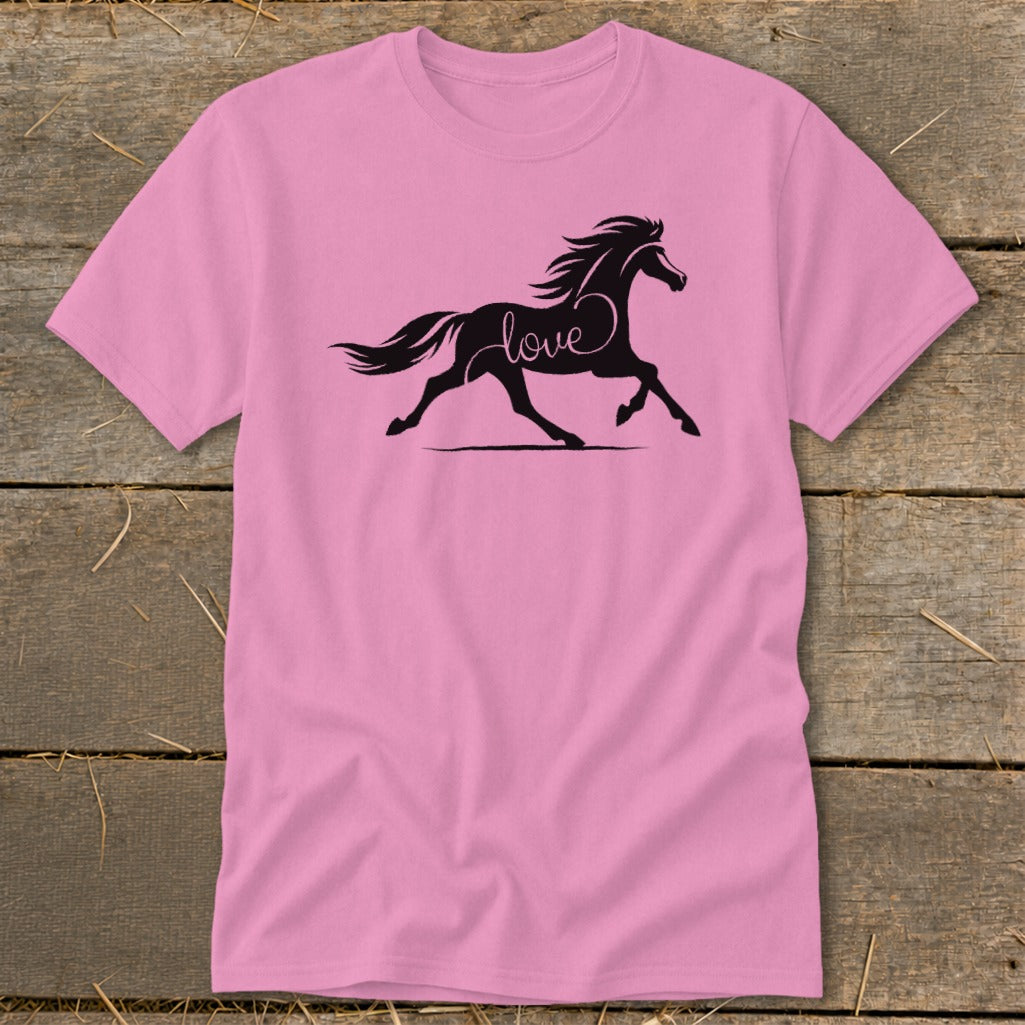 Pink t-shirt with a black silhouette of a running horse with "love" written in script inside its body.