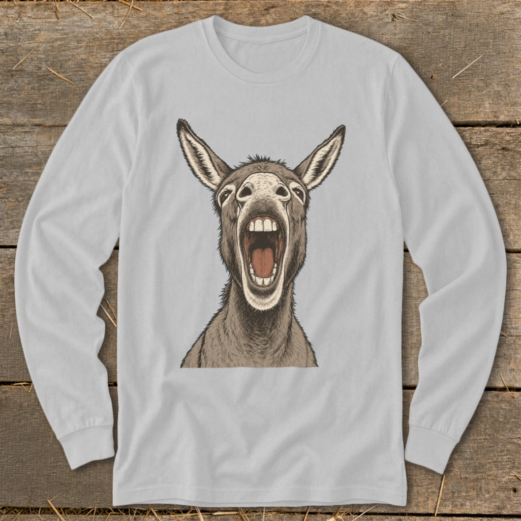Illustration of a donkey with its mouth wide open on a light gray long-sleeve shirt.