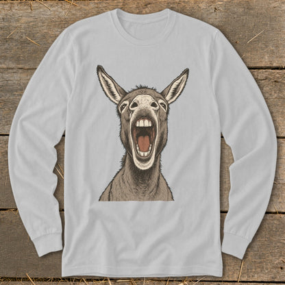 Illustration of a donkey with its mouth wide open on a light gray long-sleeve shirt.