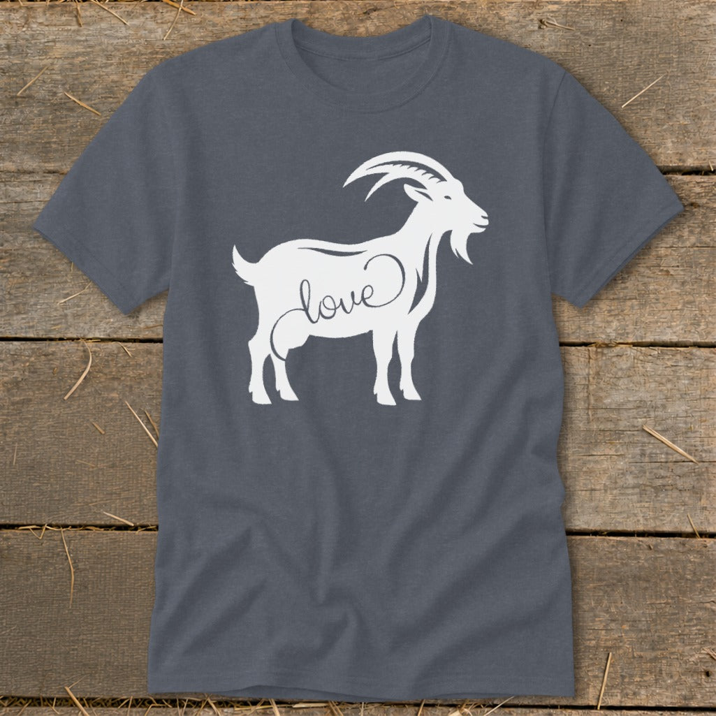 Gray t-shirt with white silhouette of a goat and the word "love."