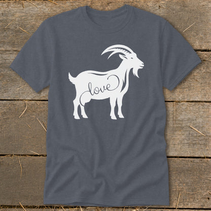 Gray t-shirt with white silhouette of a goat and the word "love."