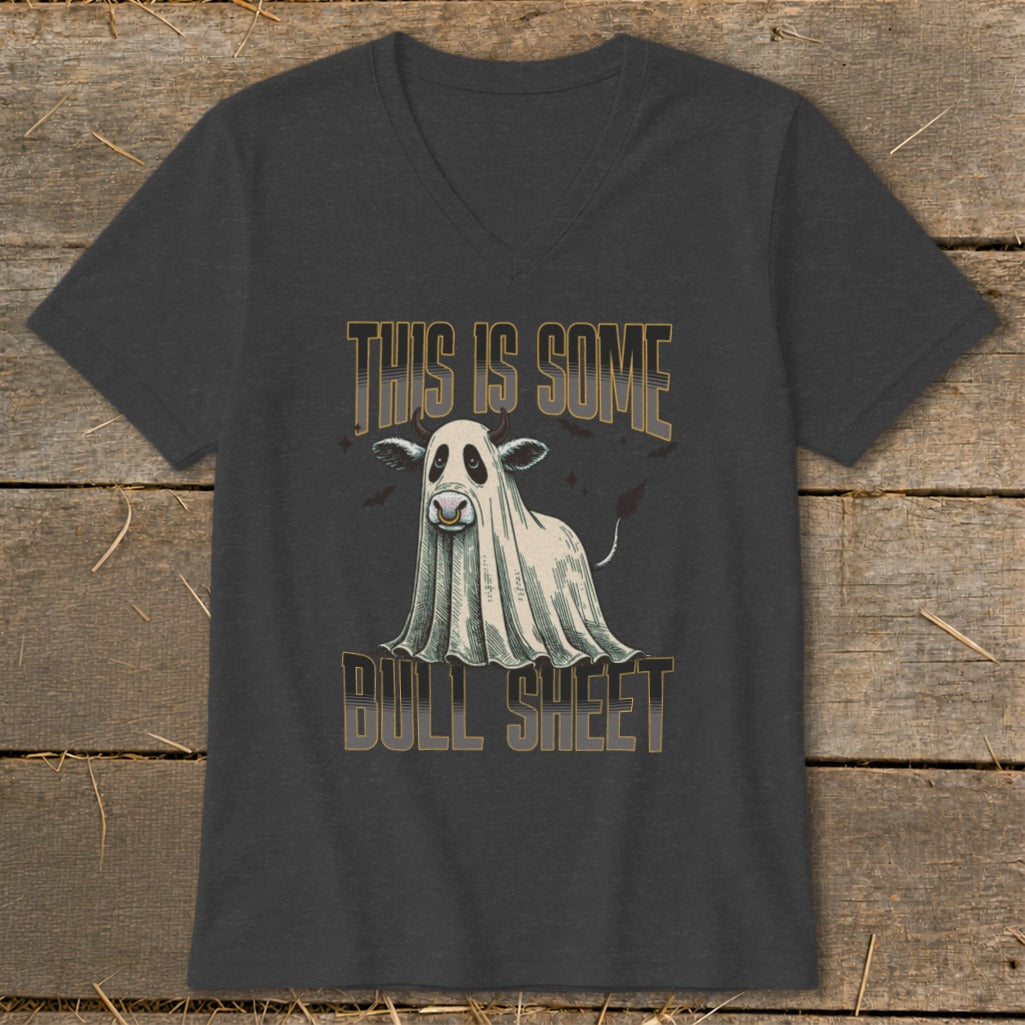 T-shirt graphic with a cow dressed as a ghost and text "THIS IS SOME BULL SHEET".