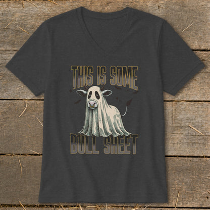 T-shirt graphic with a cow dressed as a ghost and text "THIS IS SOME BULL SHEET".