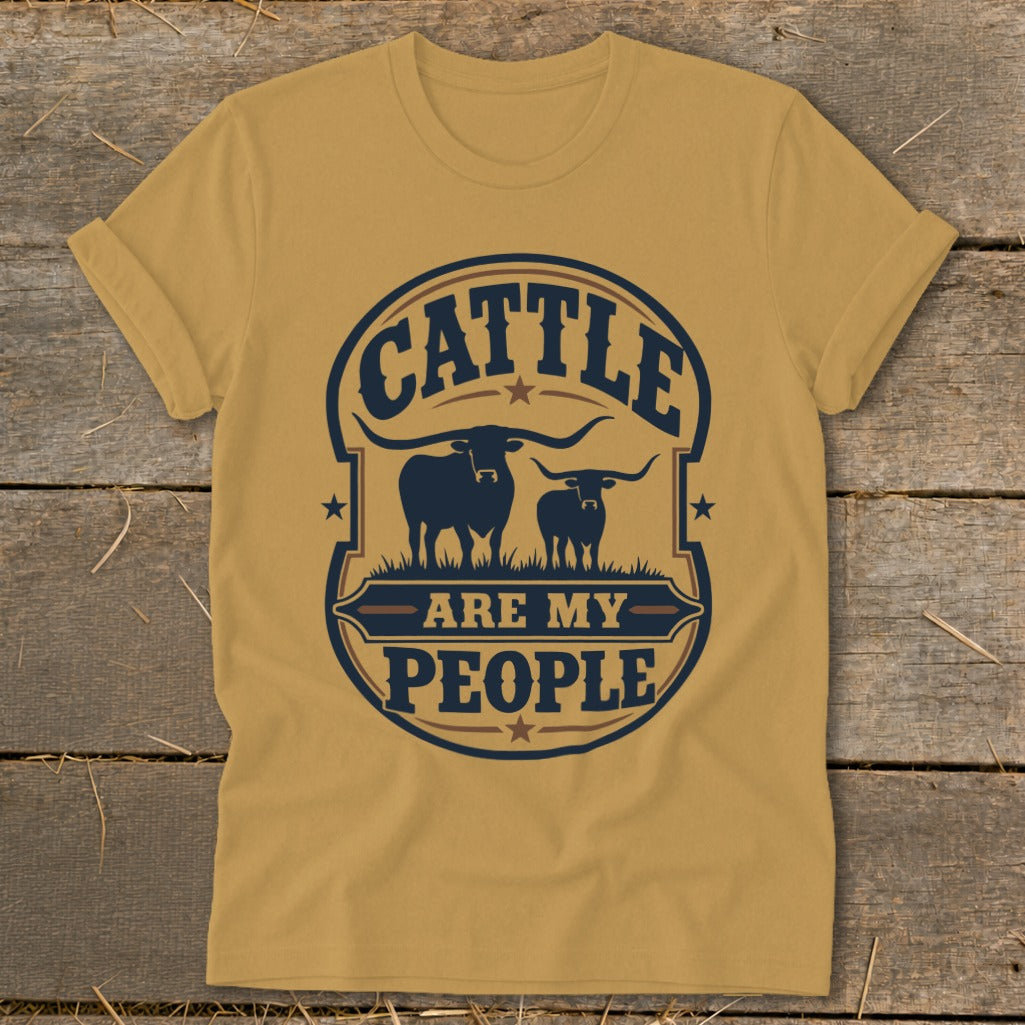 Yellow t-shirt with "Cattle Are My People" graphic featuring two longhorn cattle silhouettes.