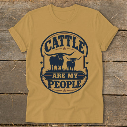 Yellow t-shirt with "Cattle Are My People" graphic featuring two longhorn cattle silhouettes.