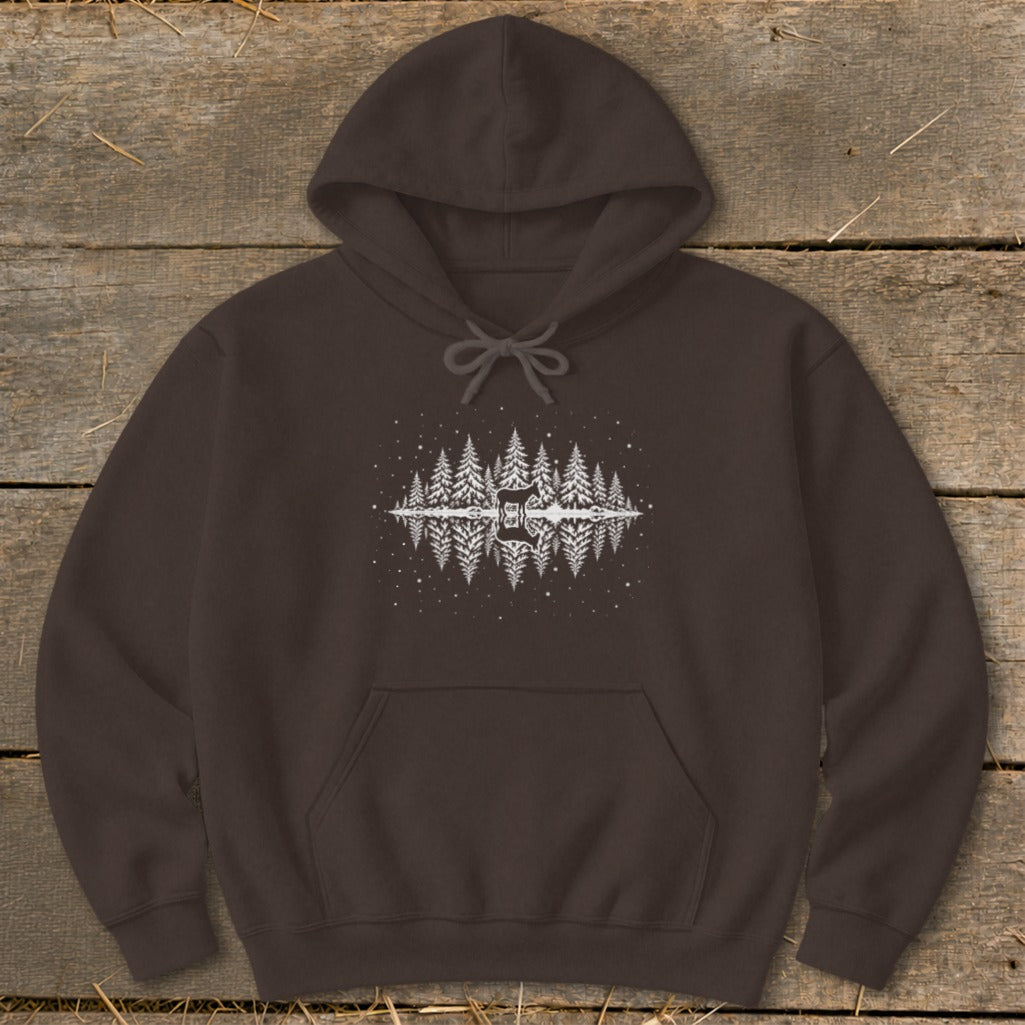 Brown hoodie with a white symmetrical graphic of trees, stars, and a stylized logo.