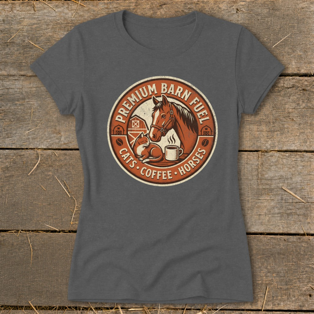 Circular graphic with horse, cat, and coffee cup, stating "Premium Barn Fuel Cats Coffee Horses."