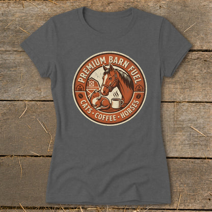 Circular graphic with horse, cat, and coffee cup, stating "Premium Barn Fuel Cats Coffee Horses."