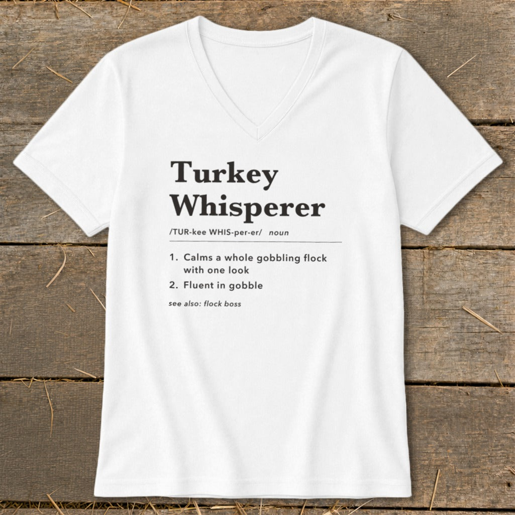 White t-shirt with "Turkey Whisperer" definition printed in black text.