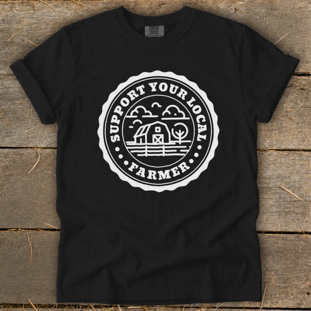 Black t-shirt with "Support Your Local Farmer" in a circular graphic.