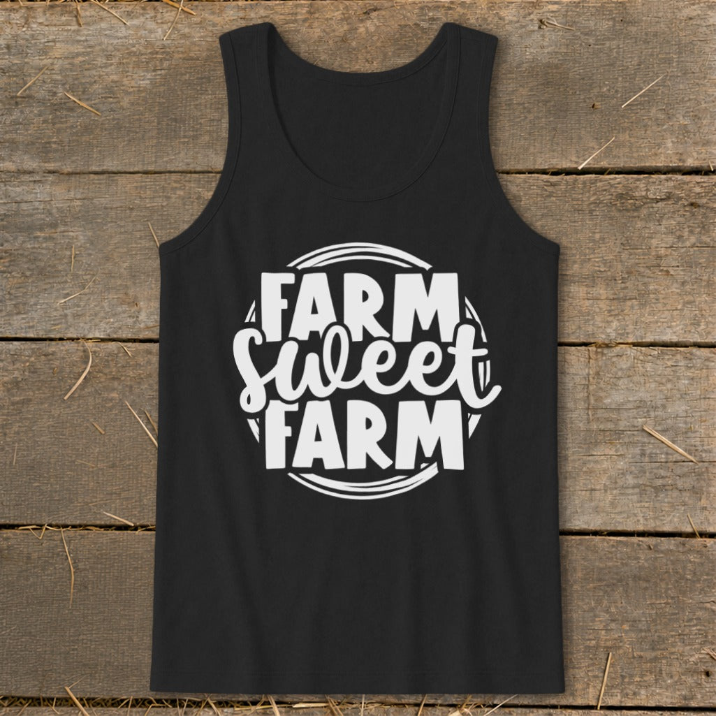 Black tank top with white text "FARM Sweet FARM" in a circle.