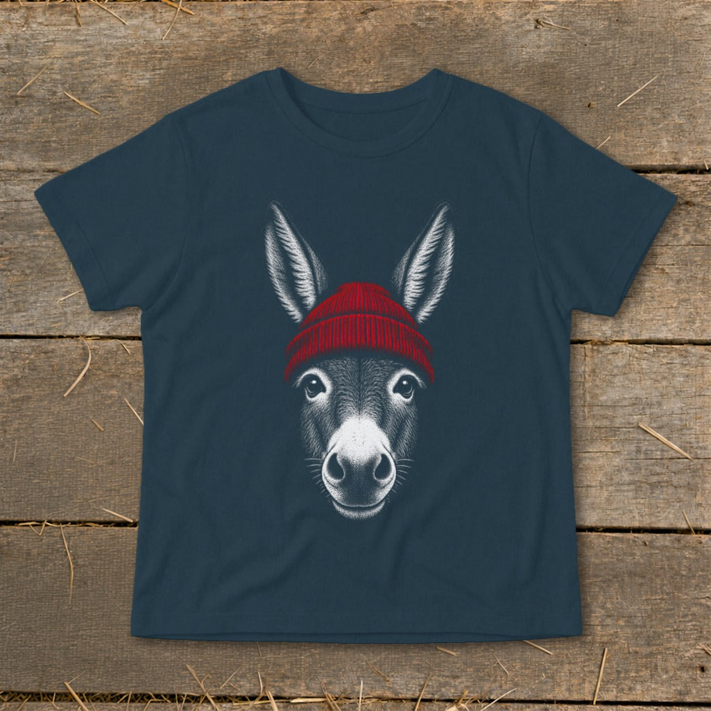 Dark blue t-shirt featuring a graphic print of a donkey wearing a red beanie.