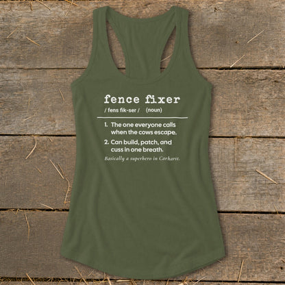 Green tank top with "fence fixer" definition describing a superhero in Carhartt.