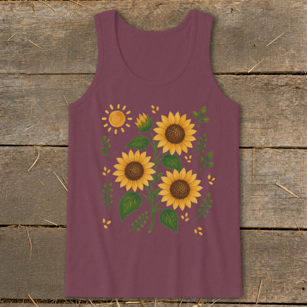 Maroon tank top with a watercolor sunflower and sun graphic.