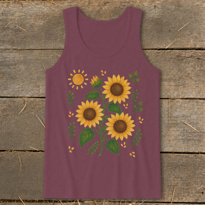 Maroon tank top with a watercolor sunflower and sun graphic.