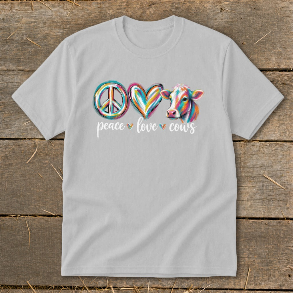 Light grey t-shirt with "peace love cows" text and colorful symbols.