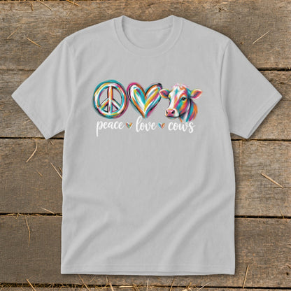 Light grey t-shirt with "peace love cows" text and colorful symbols.