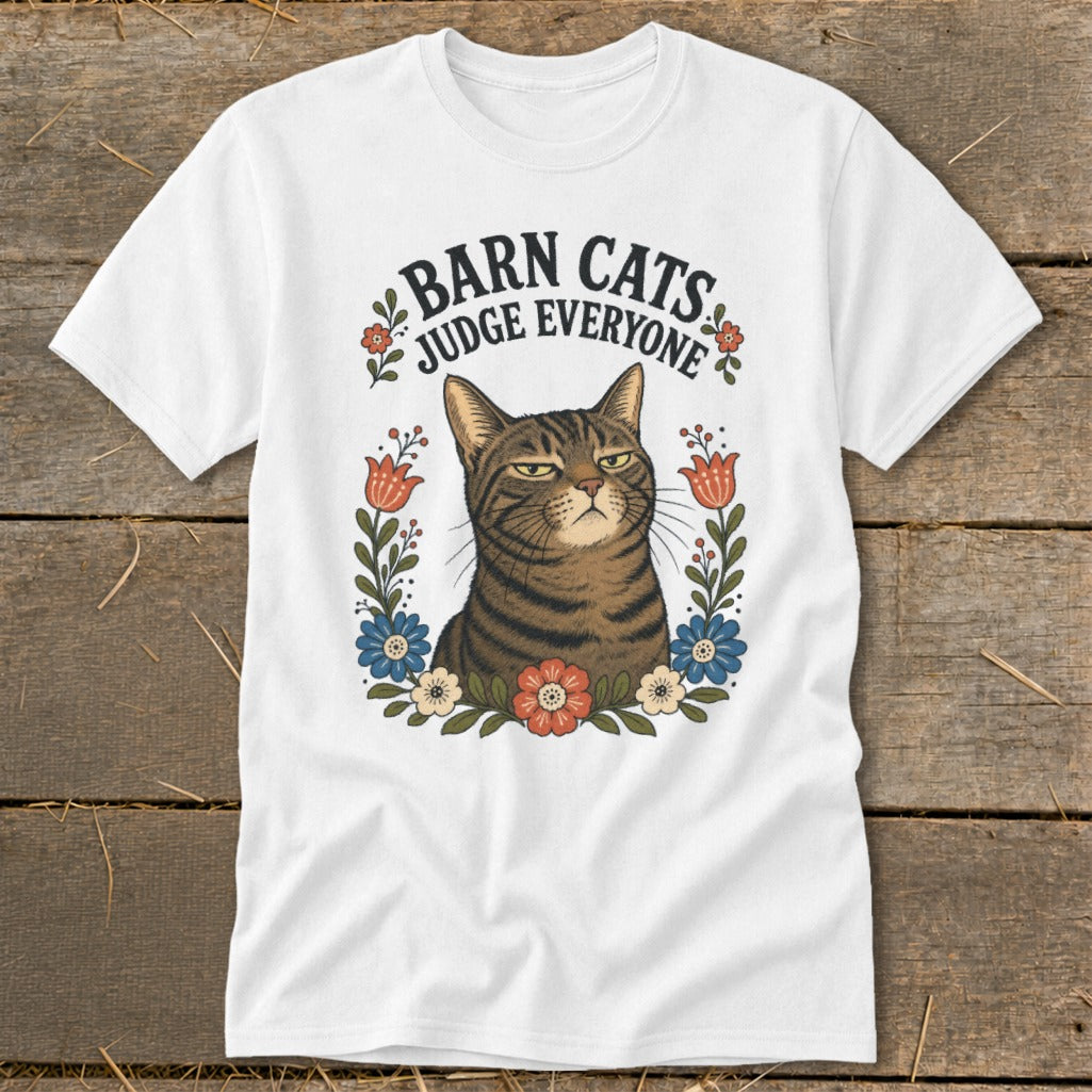 White t-shirt with "Barn Cats Judge Everyone" text and a judgmental cat.
