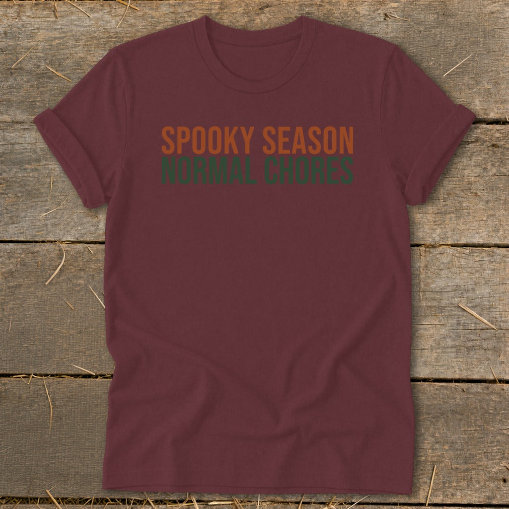 Maroon t-shirt with "Spooky Season" and "Normal Chores" text.