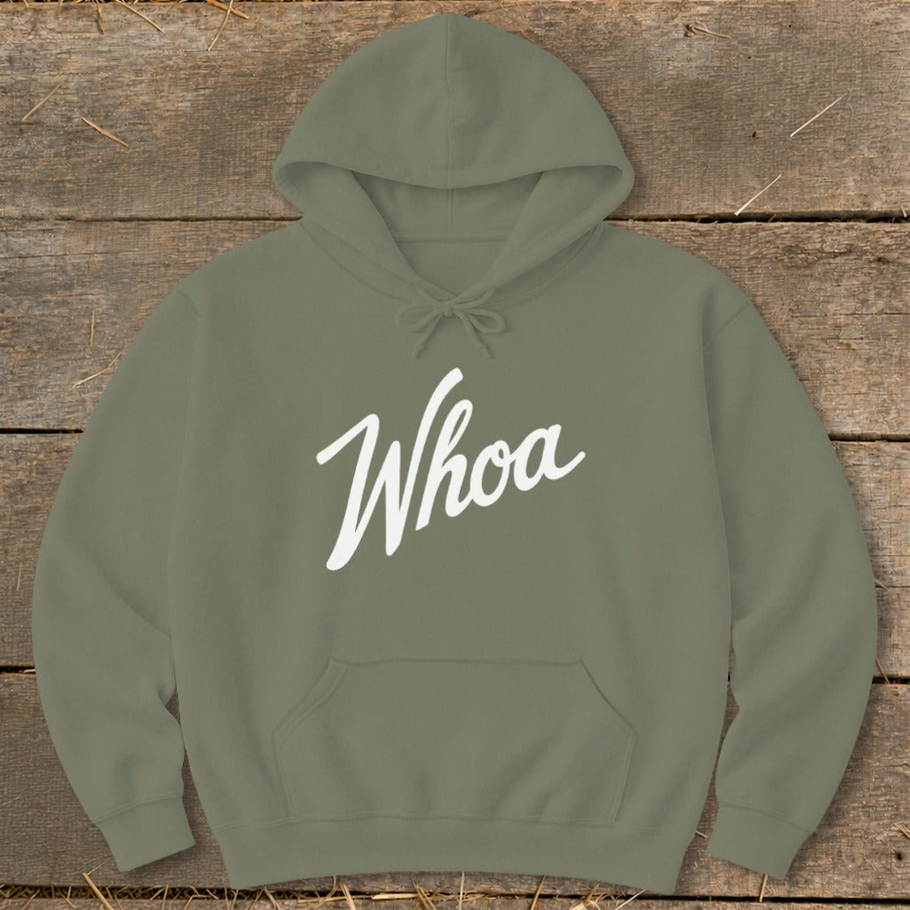 Olive green hoodie with white "Whoa" text, laid flat.