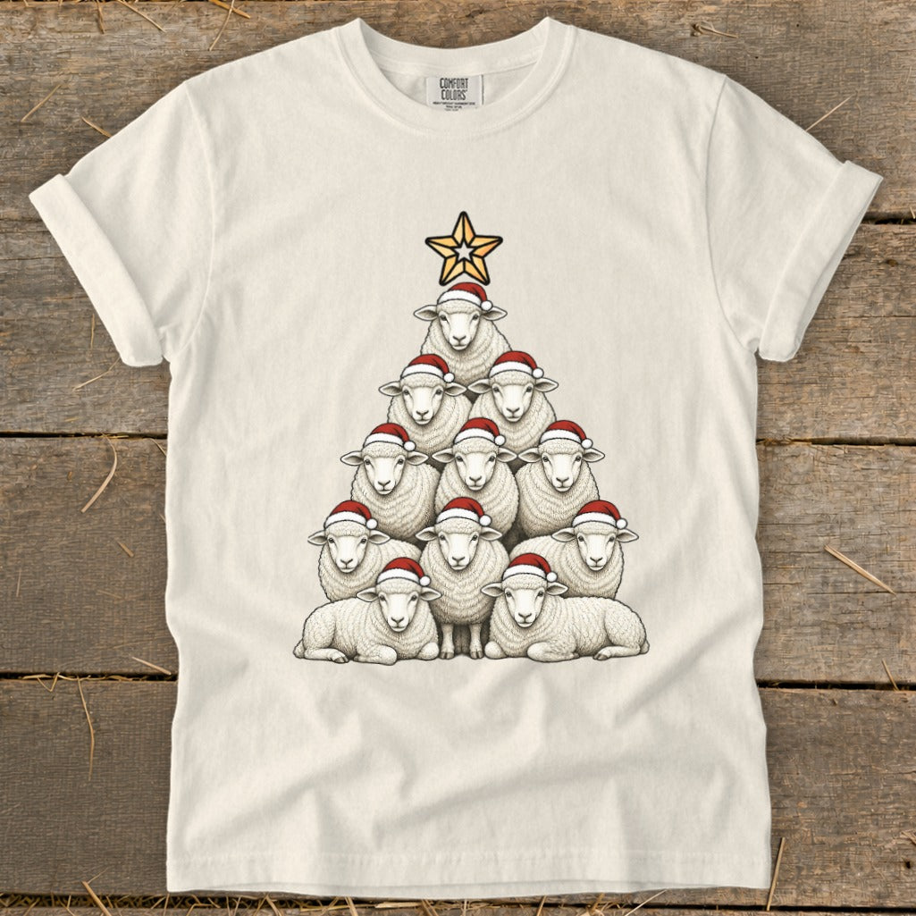 Sheep arranged in a Christmas tree shape wearing Santa hats, topped with a star.
