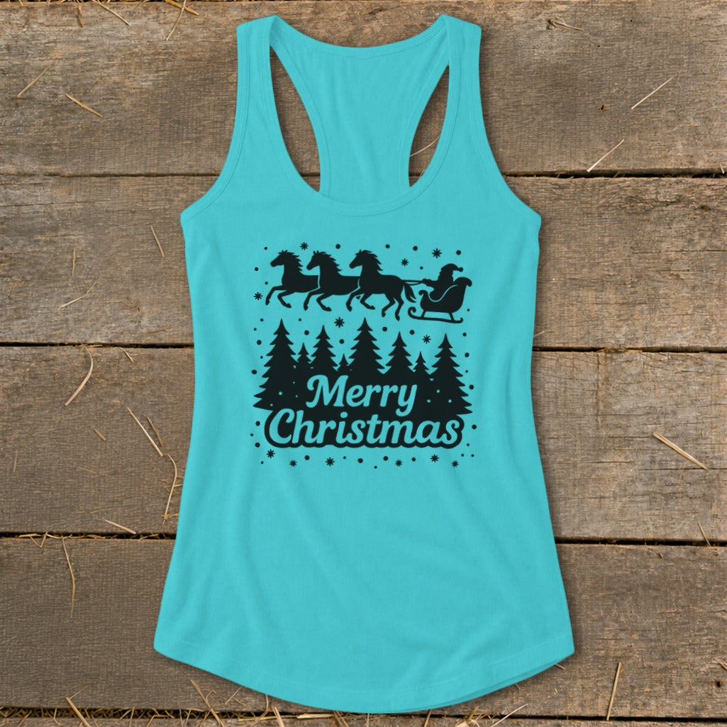 Turquoise tank top with black Christmas graphic of Santa in a sleigh pulled by horses.