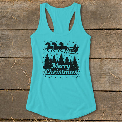 Turquoise tank top with black Christmas graphic of Santa in a sleigh pulled by horses.