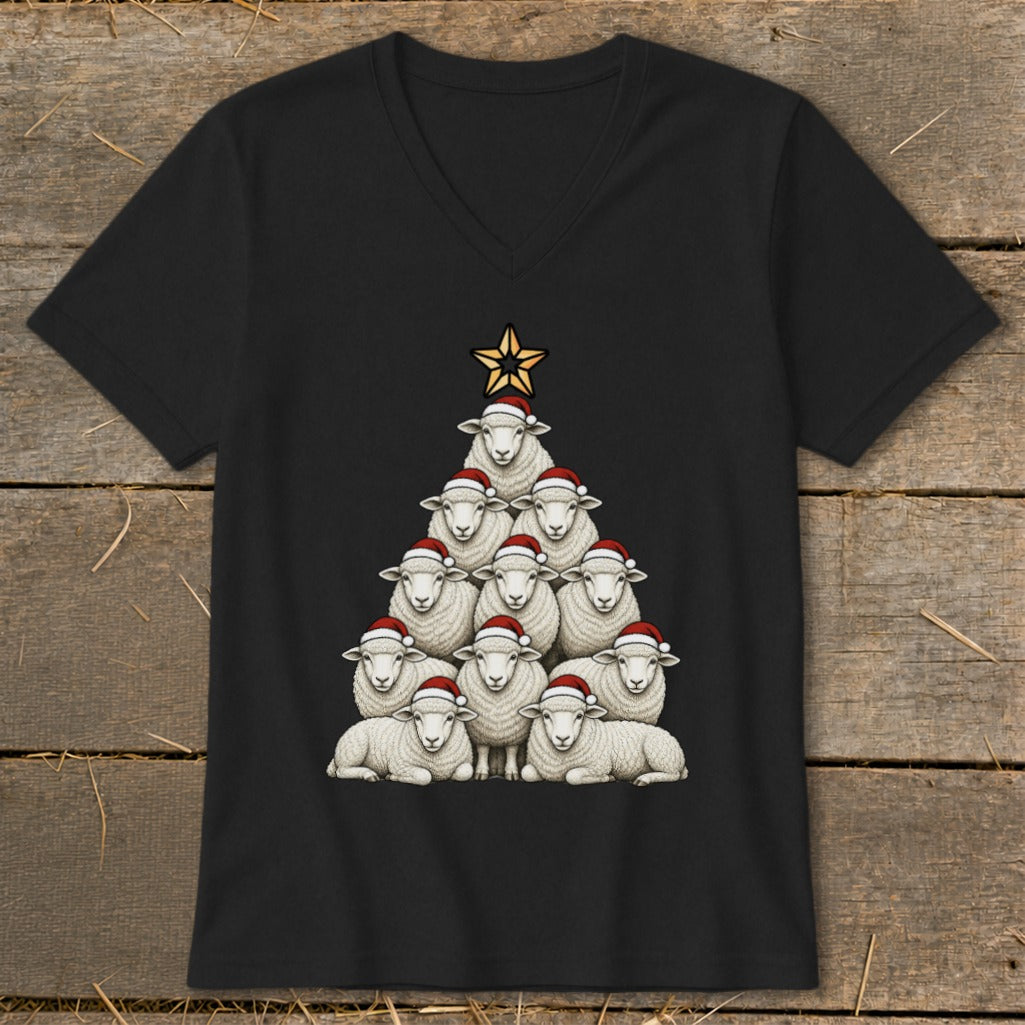 Black t-shirt featuring a Christmas tree made of sheep wearing Santa hats.