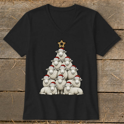 Black t-shirt featuring a Christmas tree made of sheep wearing Santa hats.