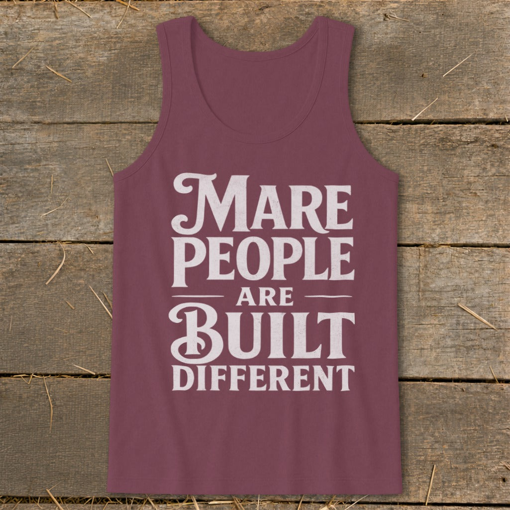 Maroon tank top with white text "Mare people are built different."