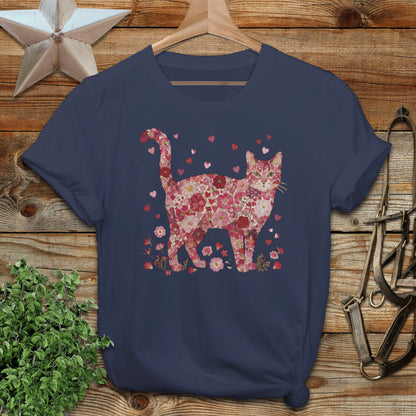 Floral Cat with Hearts Design on Navy T-Shirt
