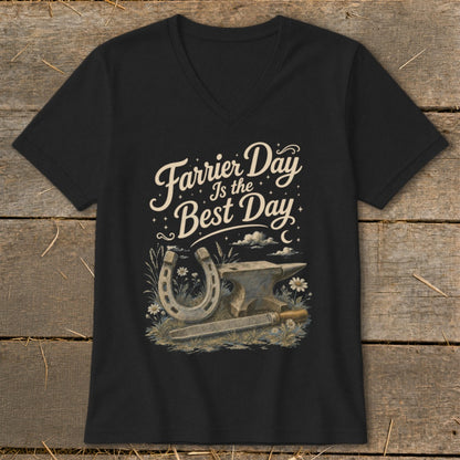 Black t-shirt with "Farrier Day Is the Best Day" text and horseshoe, anvil, and file.