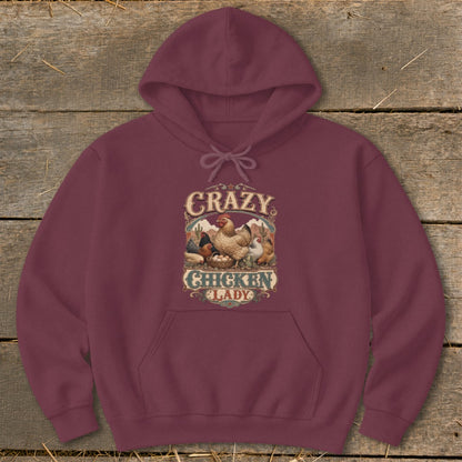 Maroon hoodie with a "Crazy Chicken Lady" graphic featuring chickens and eggs.