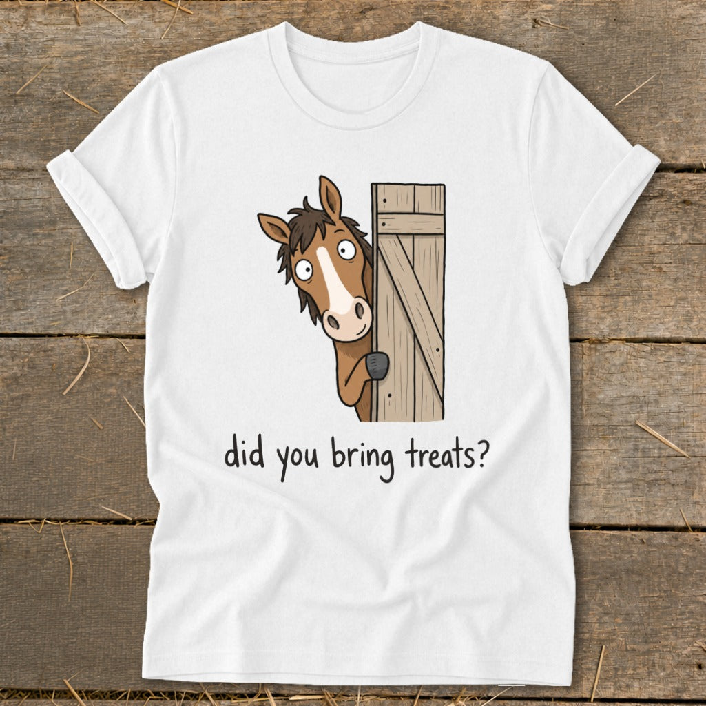 White t-shirt with cartoon horse peeking from barn door, asking "Did you bring treats?"