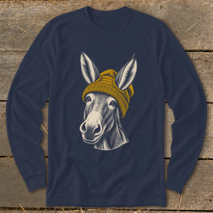Long-sleeve navy shirt with a sketched donkey wearing a yellow beanie graphic.