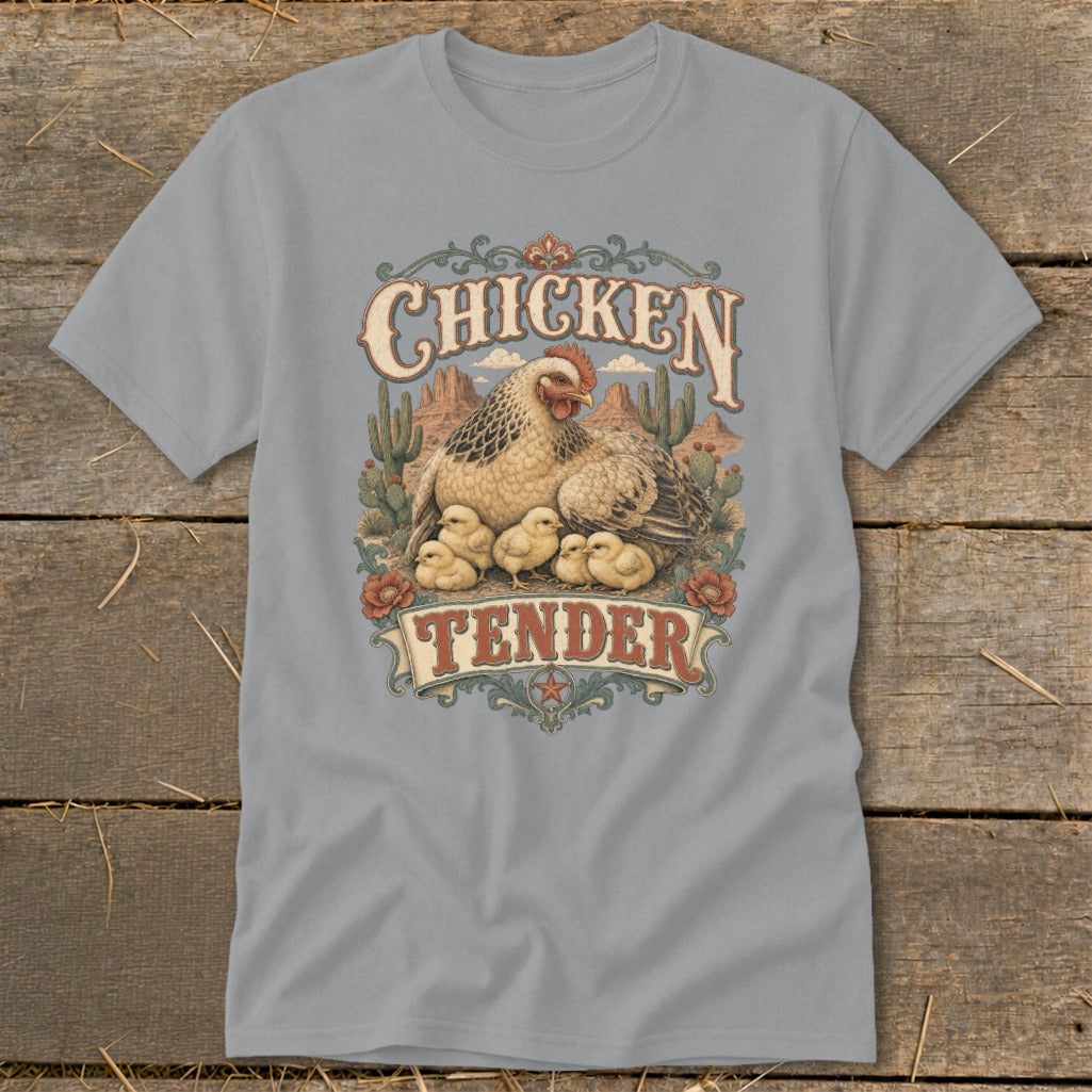 Grey t-shirt with "Chicken Tender" text and chicken with chicks on desert background.