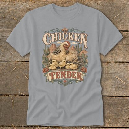 Grey t-shirt with "Chicken Tender" text and chicken with chicks on desert background.