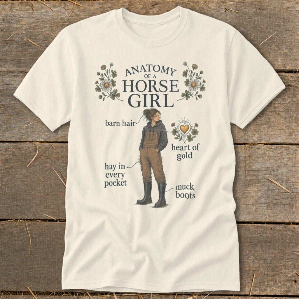 T-shirt design with "Anatomy of a Horse Girl" text and illustrated features.