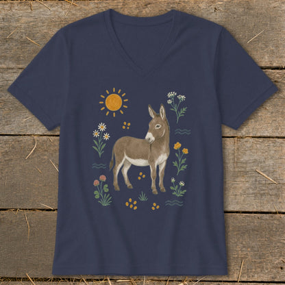 Donkey graphic with flowers, sun, and wavy lines on a navy blue t-shirt.