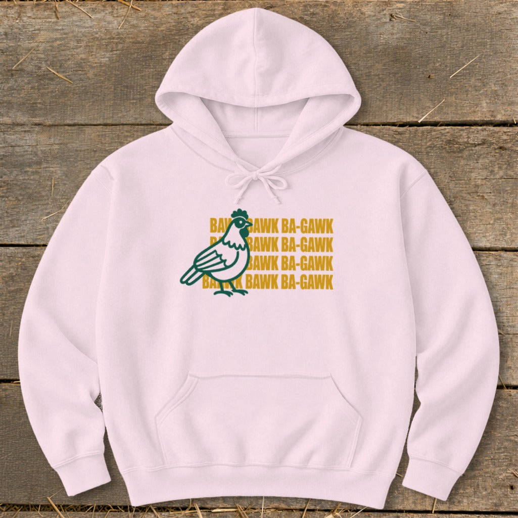 Pink hoodie with a green and yellow chicken graphic and repeated text "BAWK BA-GAWK".