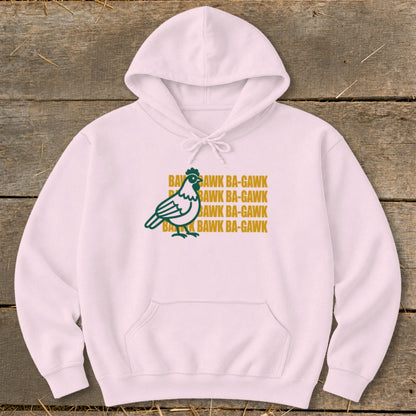 Pink hoodie with a green and yellow chicken graphic and repeated text "BAWK BA-GAWK".