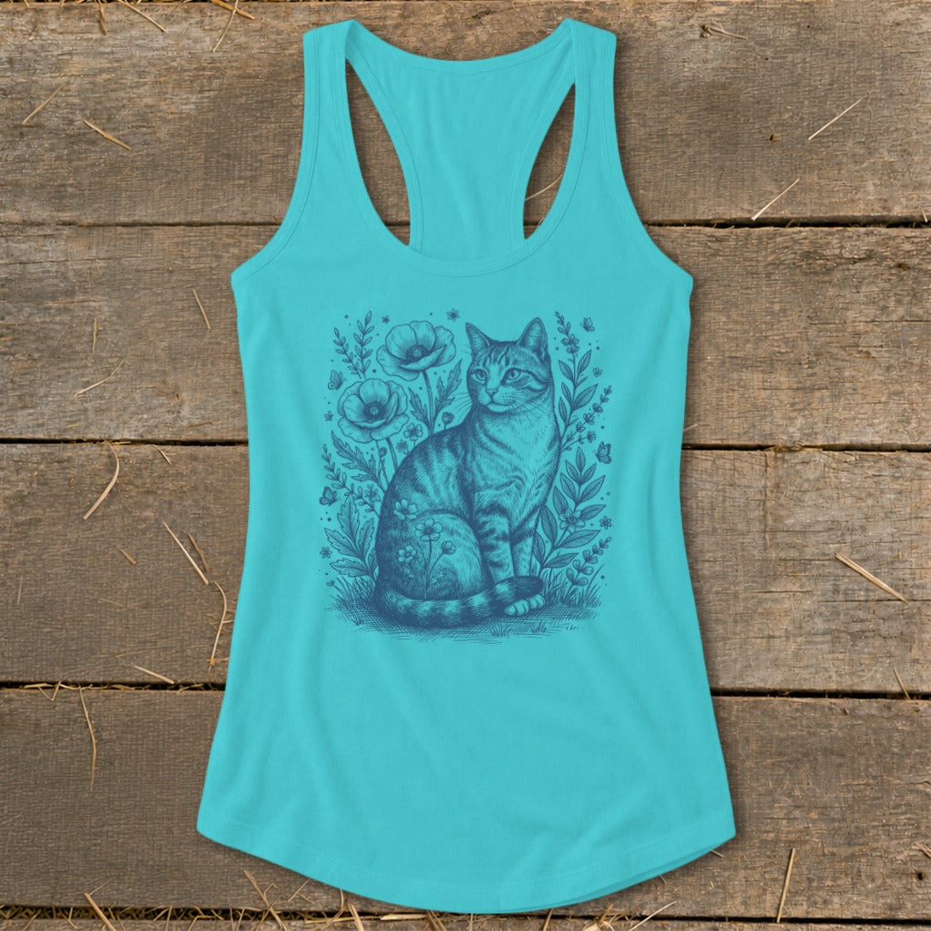 Turquoise tank top with a blue sketch of a cat sitting among wildflowers and butterflies.