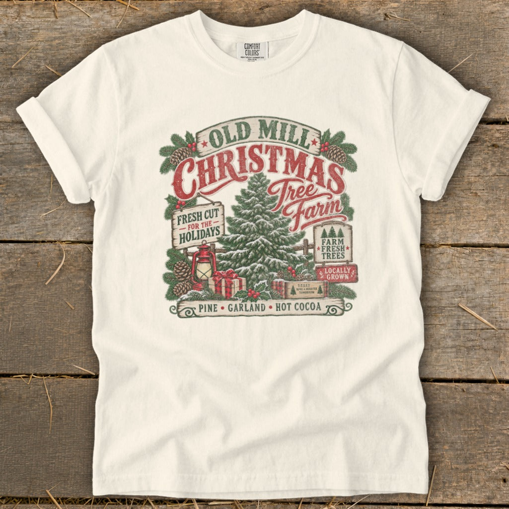 Old Mill Christmas Tree Farm graphic with pine tree, gifts, and holiday text.