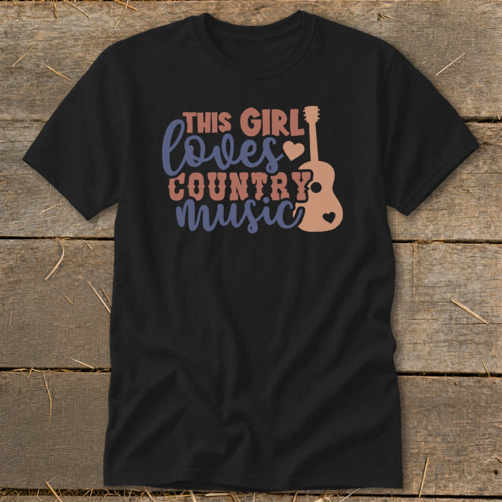 Black t-shirt with "This Girl Loves Country Music" graphic and guitar silhouette.