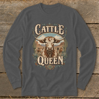 Long sleeve shirt with "Cattle Queen" text and a steer in a desert landscape.