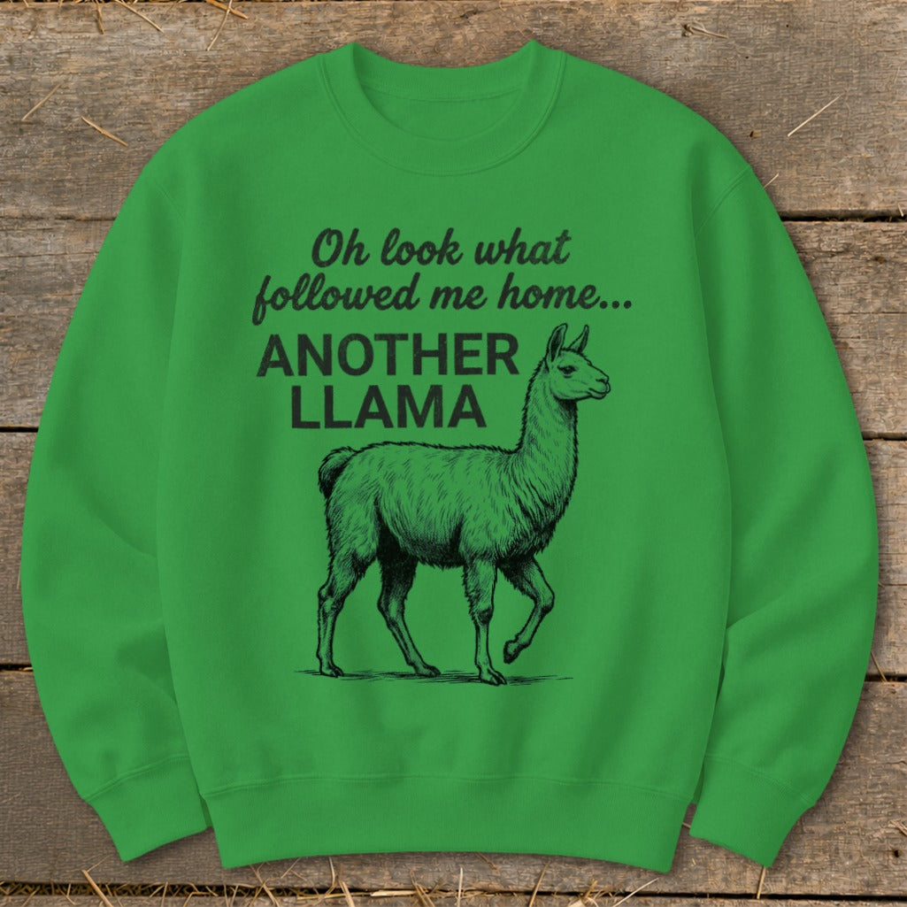 Green sweatshirt with black text and llama graphic: "Oh look what followed me home... ANOTHER LLAMA"