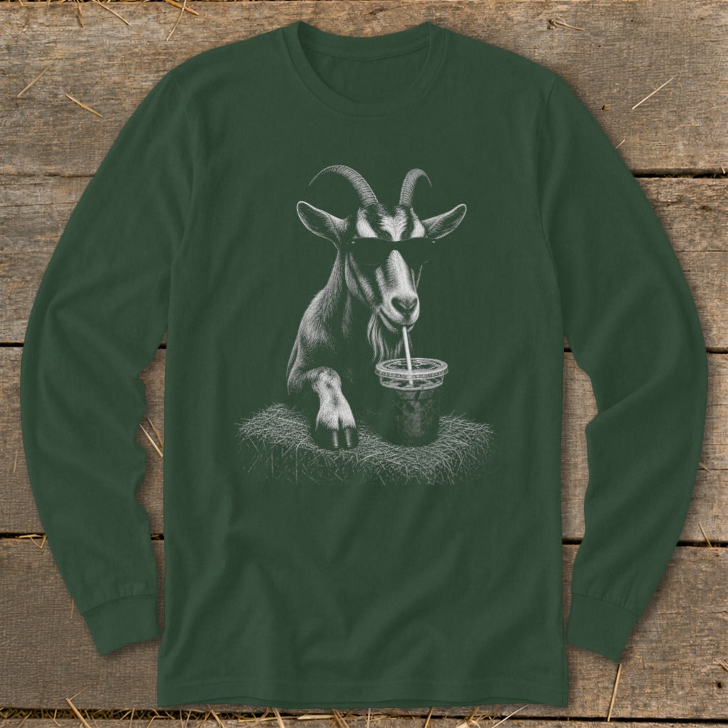 Goat wearing sunglasses drinks from a cup on a pile of hay, printed on a dark green long-sleeve shirt.