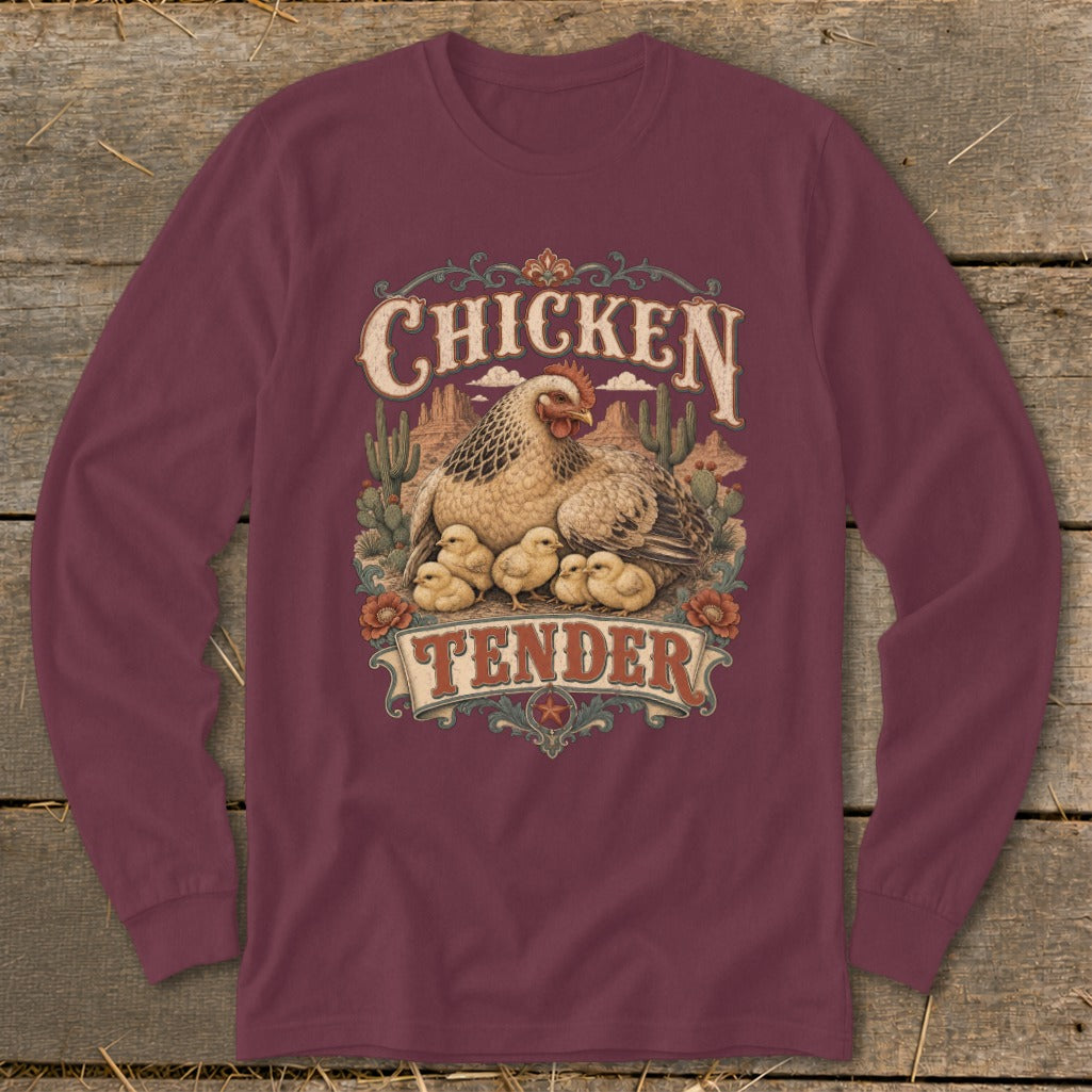 Maroon long-sleeve shirt with "Chicken Tender" graphic of hen and chicks in desert landscape.