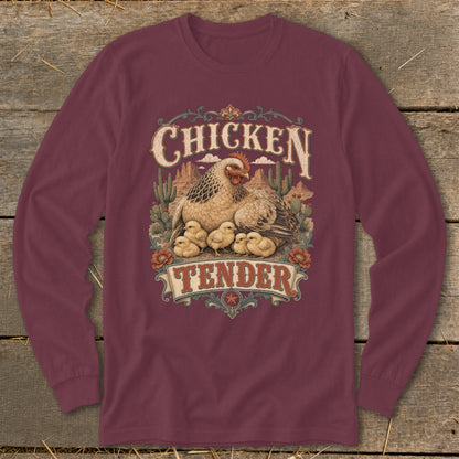 Maroon long-sleeve shirt with "Chicken Tender" graphic of hen and chicks in desert landscape.