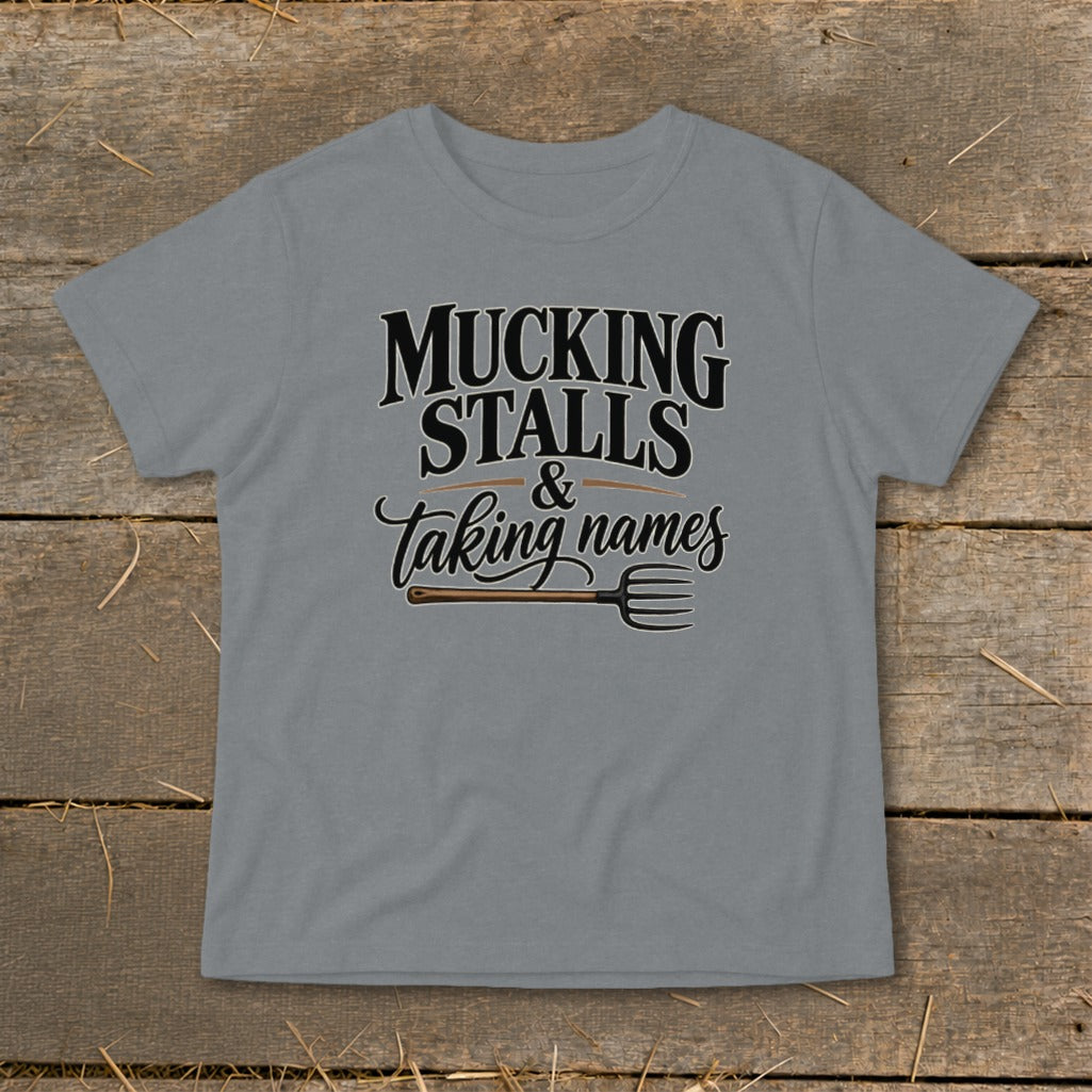 Grey t-shirt with "MUCKING STALLS & Taking names" and a pitchfork graphic.